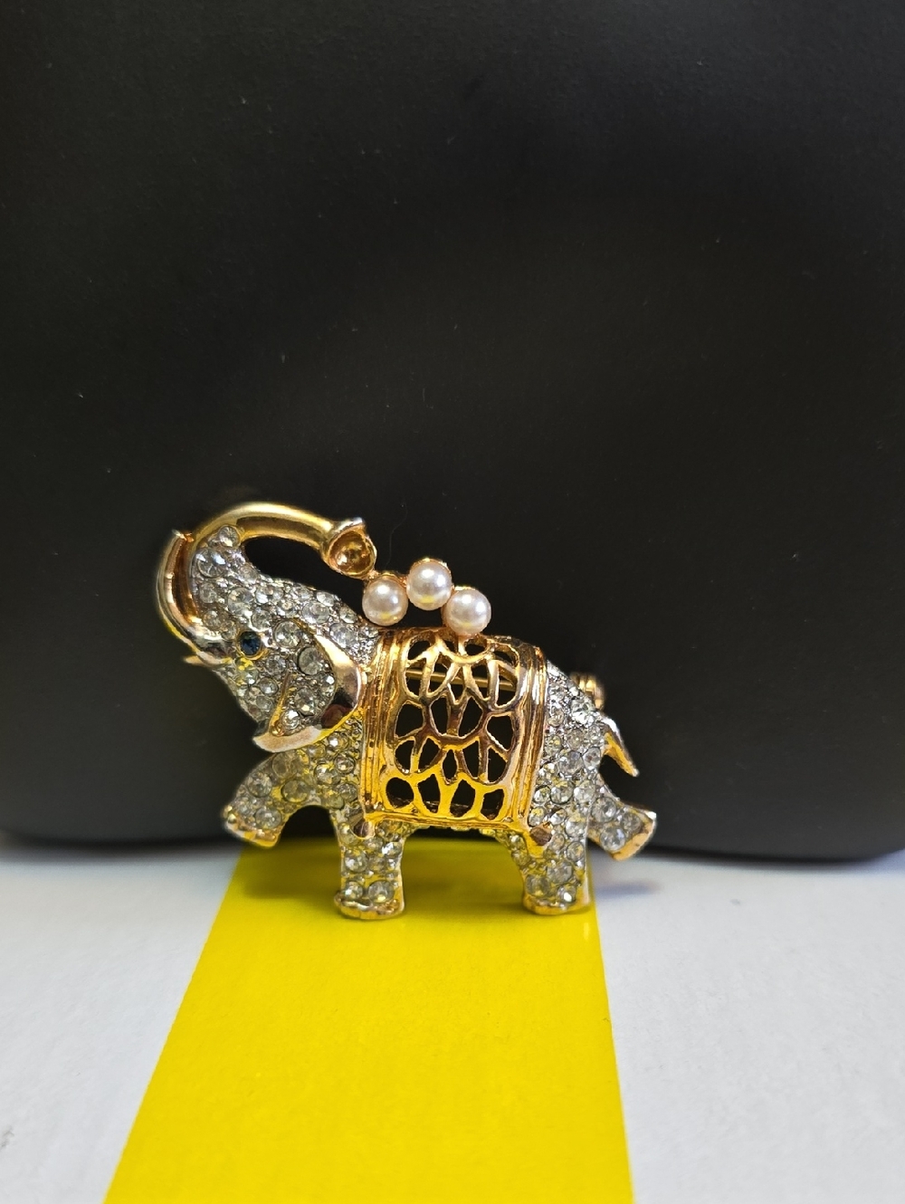 Gold and Silver Tone Crystal Elephant Brooch with Pearls - Women Jewelry #0915
